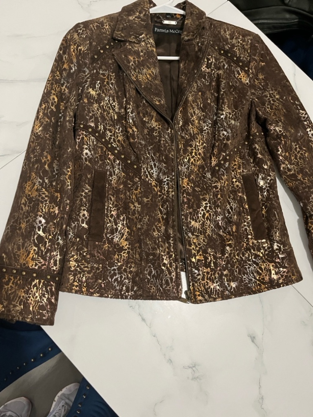 Pamela McCoy Metallic Moto Jacket Brown Gold Snakeskin Print -S Studded Luxury - Picture 2 of 6